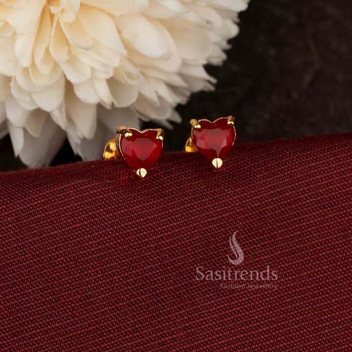 Designer Heart Red Stone Stud Earrings In Micro Gold Plated Screw Type Style With 24K Carat Pure Gold Finish – Sasitrends