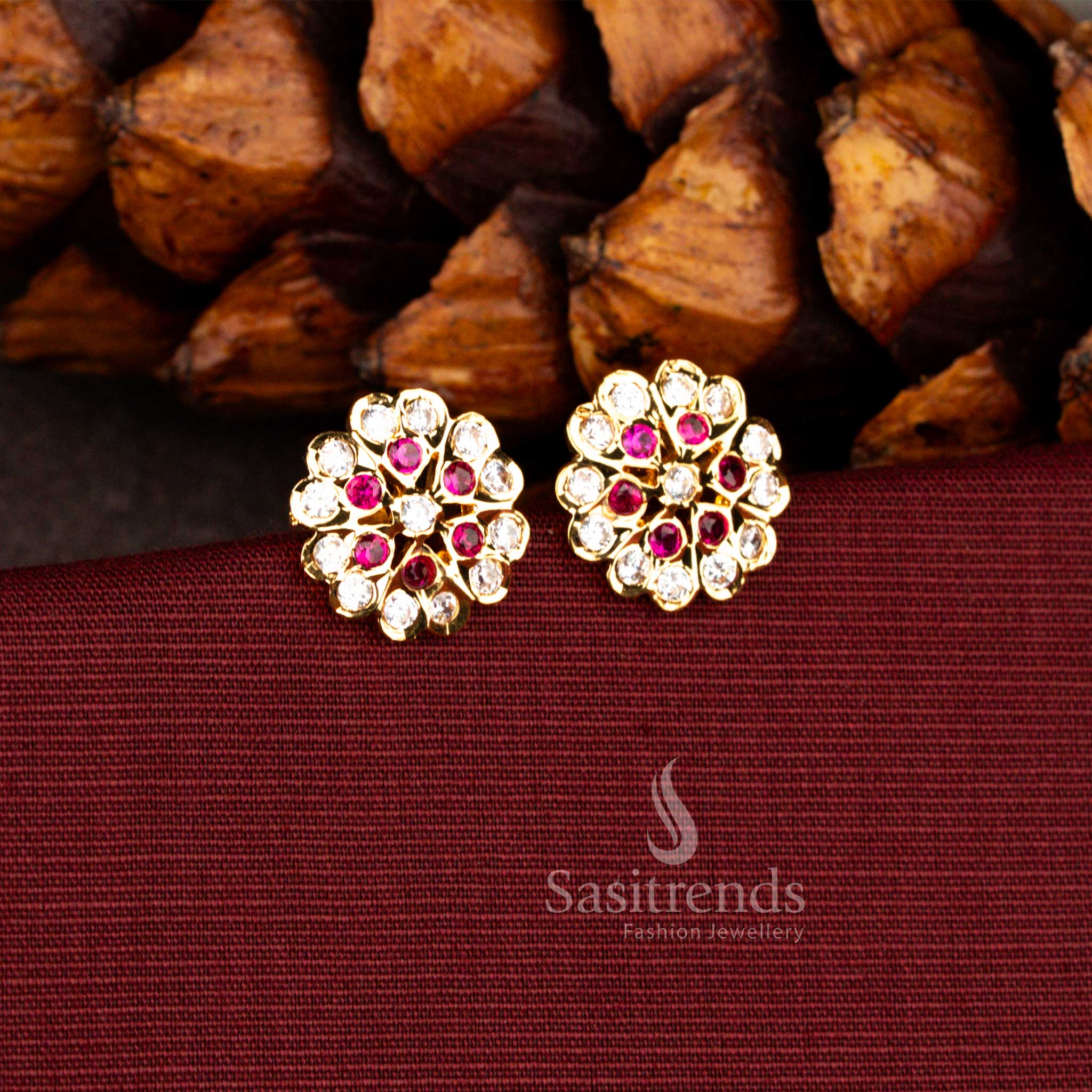 Sasitrends premium impon micro gold plated white ruby Ad stone round floral stud earrings crafted in traditional heritage style
