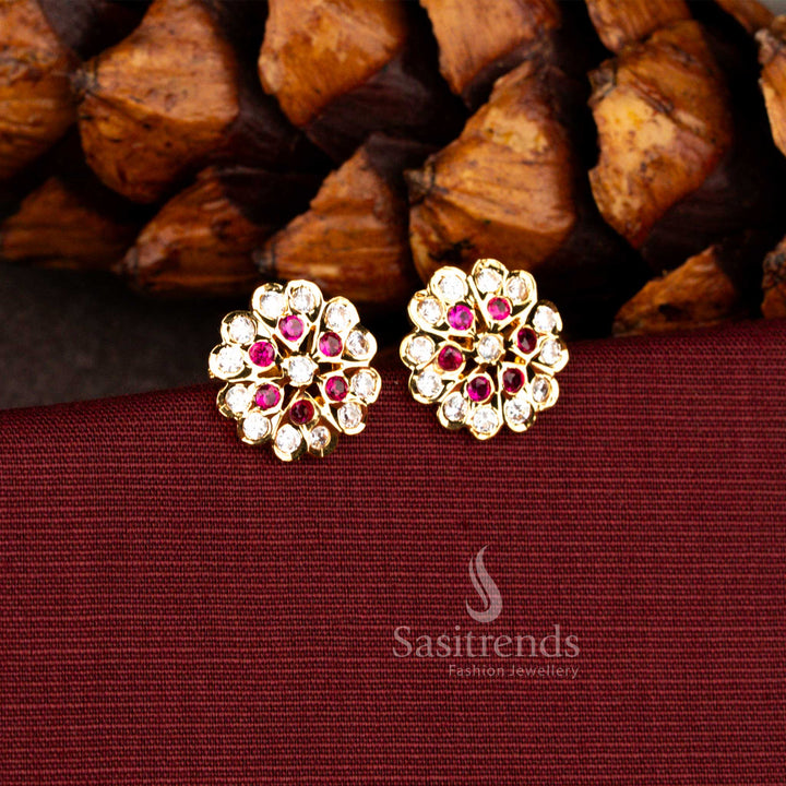 Sasitrends premium impon micro gold plated white ruby Ad stone round floral stud earrings crafted in traditional heritage style
