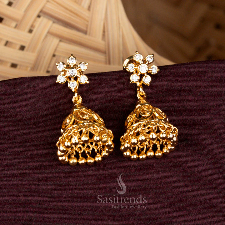 Guaranteed Impon Addigai Micro Gold Plated AD Stone Floral Screw Type Jhumka Earrings