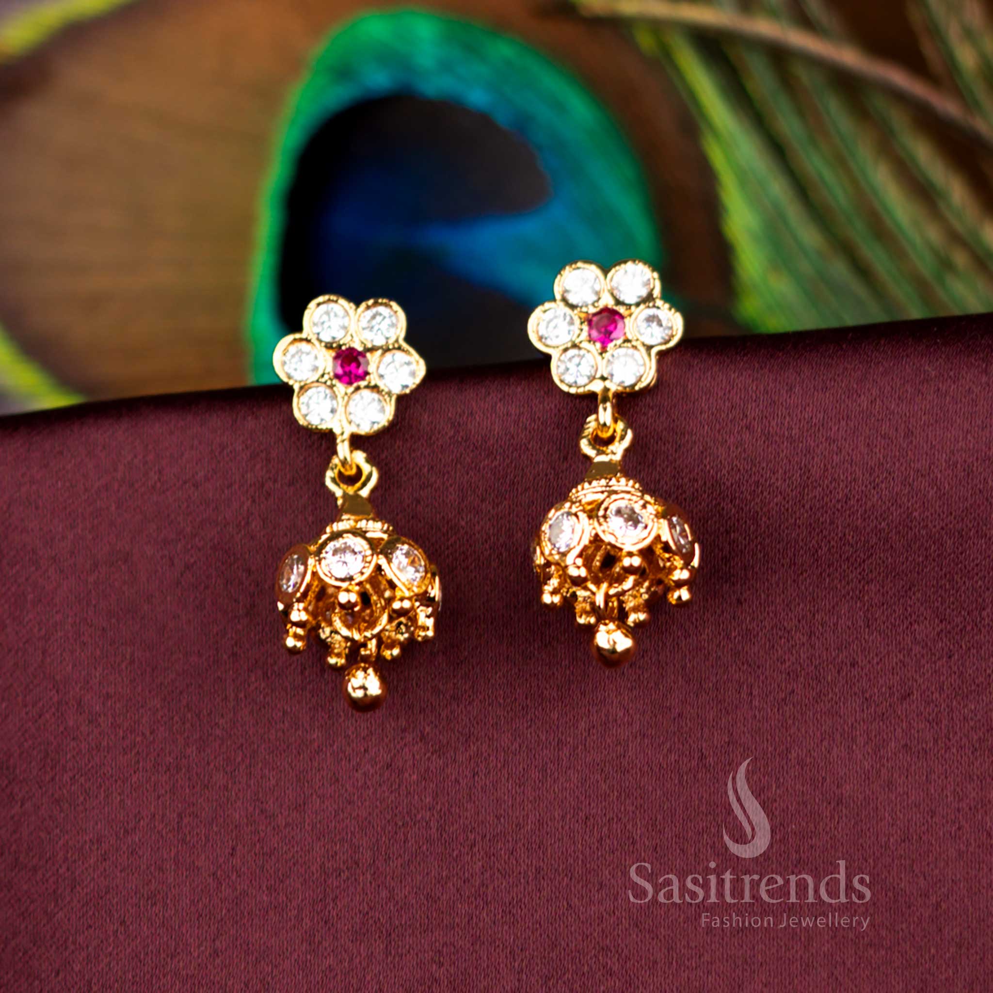 Pure Impon Floral Stud Jhumkas Guaranteed Micro Gold Plated Wedding Wear 2669D Sasitrends