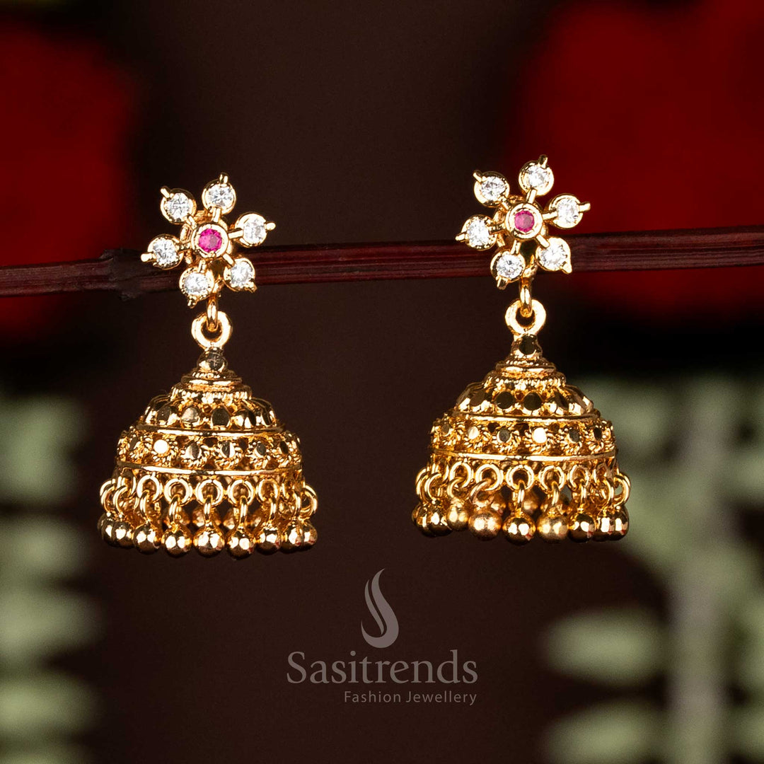 Sasitrends Impon Addigai Micro Gold Plated AD Stone Flower Stud Jhumka Earrings