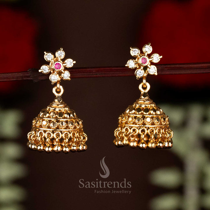Impon Addigai Micro Gold Plated AD Stone Flower Stud Top Jhumka Earrings – 24K Pure Gold Finish