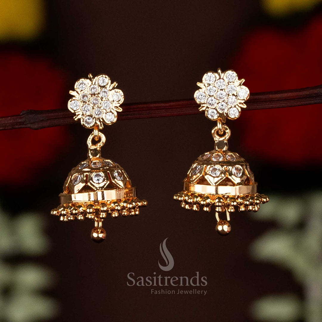 Sasitrends Impon Addigai Micro Gold Plated AD Stone Floral Top Jhumka Earrings – Guaranteed Traditional Look
