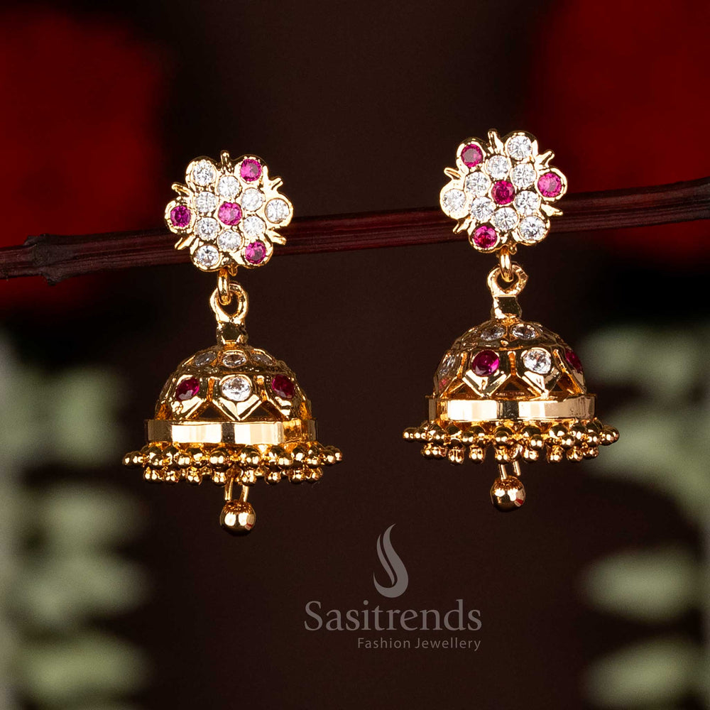 Sasitrends Impon Addigai Micro Gold Plated AD Stone Floral Top Jhumka Earrings – Guaranteed Traditional Look