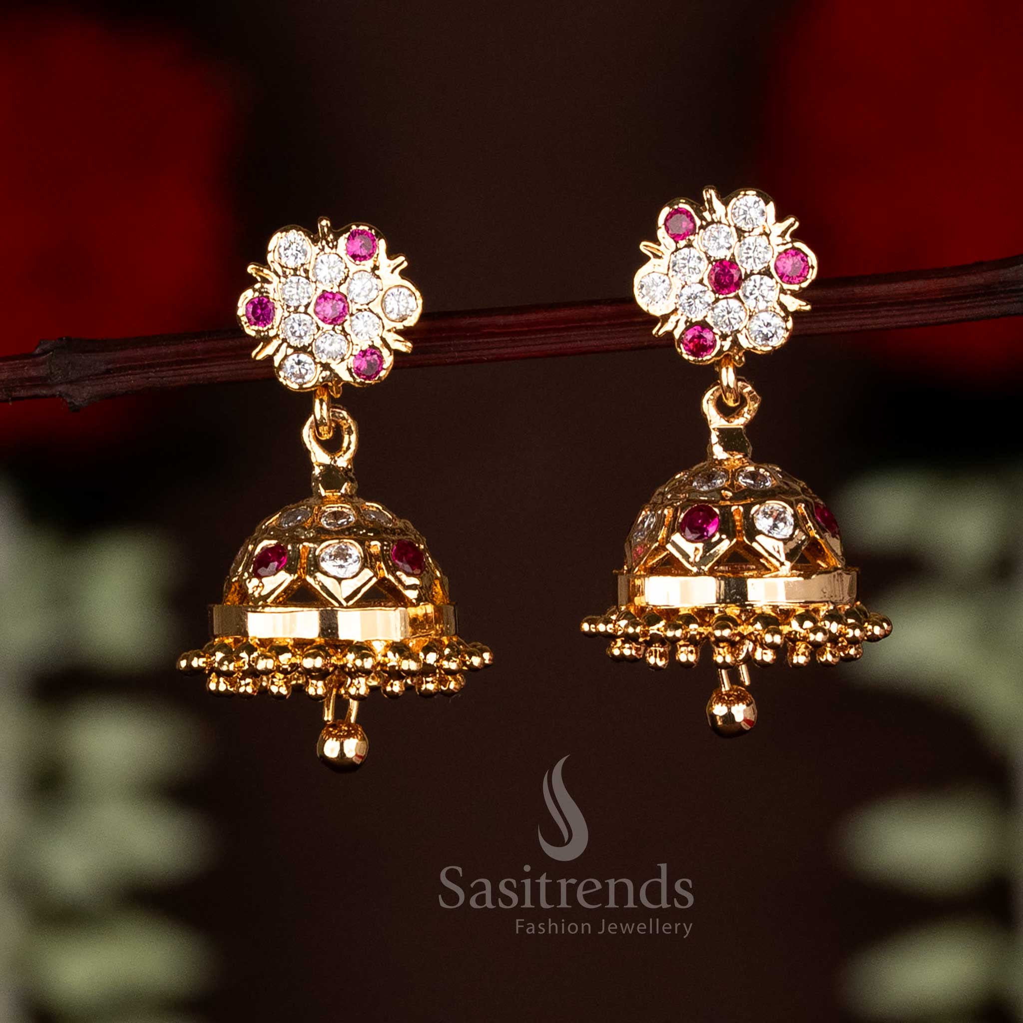 Sasitrends Impon Addigai Micro Gold Plated AD Stone Floral Top Jhumka Earrings – Guaranteed Traditional Look
