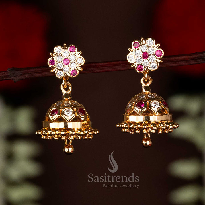 Sasitrends Impon Addigai Micro Gold Plated AD Stone Floral Top Jhumka Earrings – Guaranteed Traditional Look
