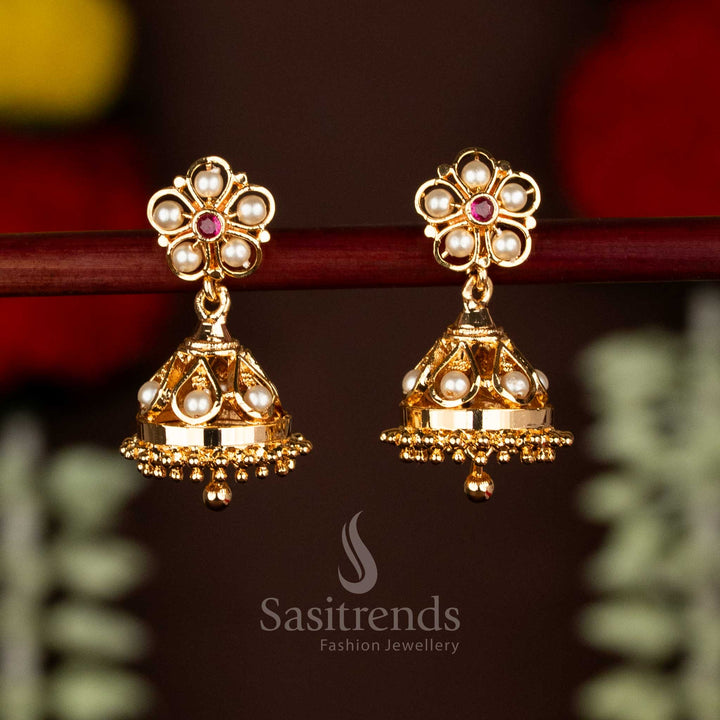 Impon Addigai Micro Gold Plated AD Stone Pearl Flower Stud Top Jhumka Earrings