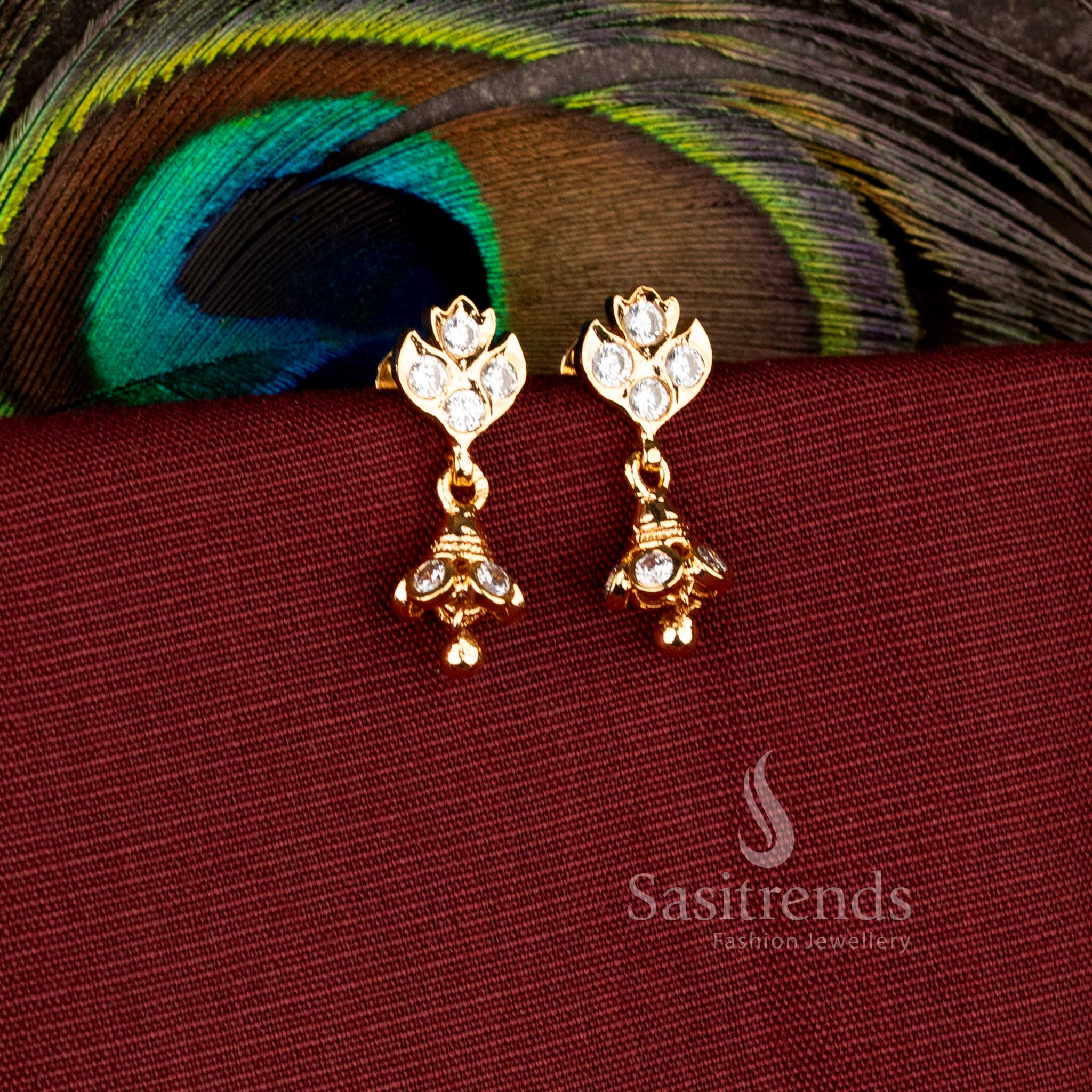Royal Lotus Bloom Impon 24K one gram micro gold plated jhumka earrings with sparkling AD stone detailing - Sasitrends