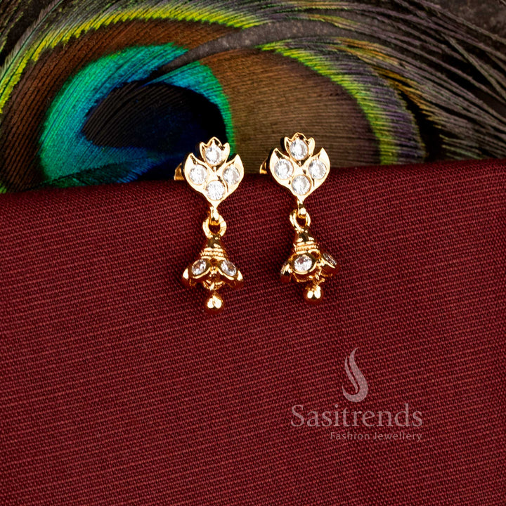 Elegant Impon Micro Gold Plated Lotus Bloom Jhumka Earrings with AD Stone Detailing - Sasitrends