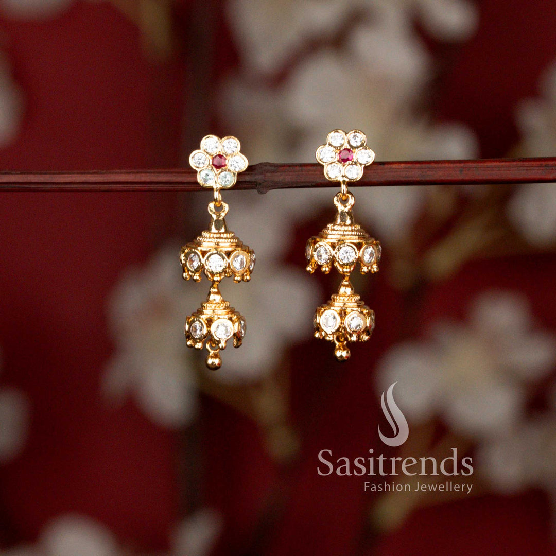 Guaranteed Impon Addigai Micro Gold Plated Floral Double Layer Jhumka Earrings with AD Stones for Women - Sasitrends