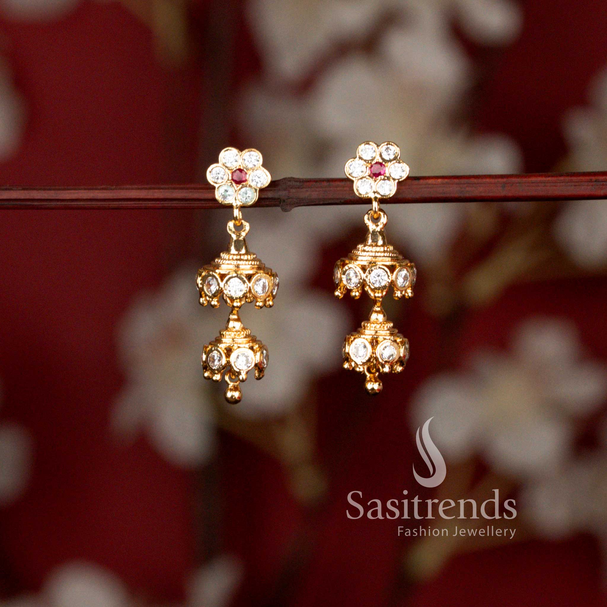 Guaranteed Impon Addigai Micro Gold Plated Floral Double Layer Jhumka Earrings with AD Stones for Women - Sasitrends