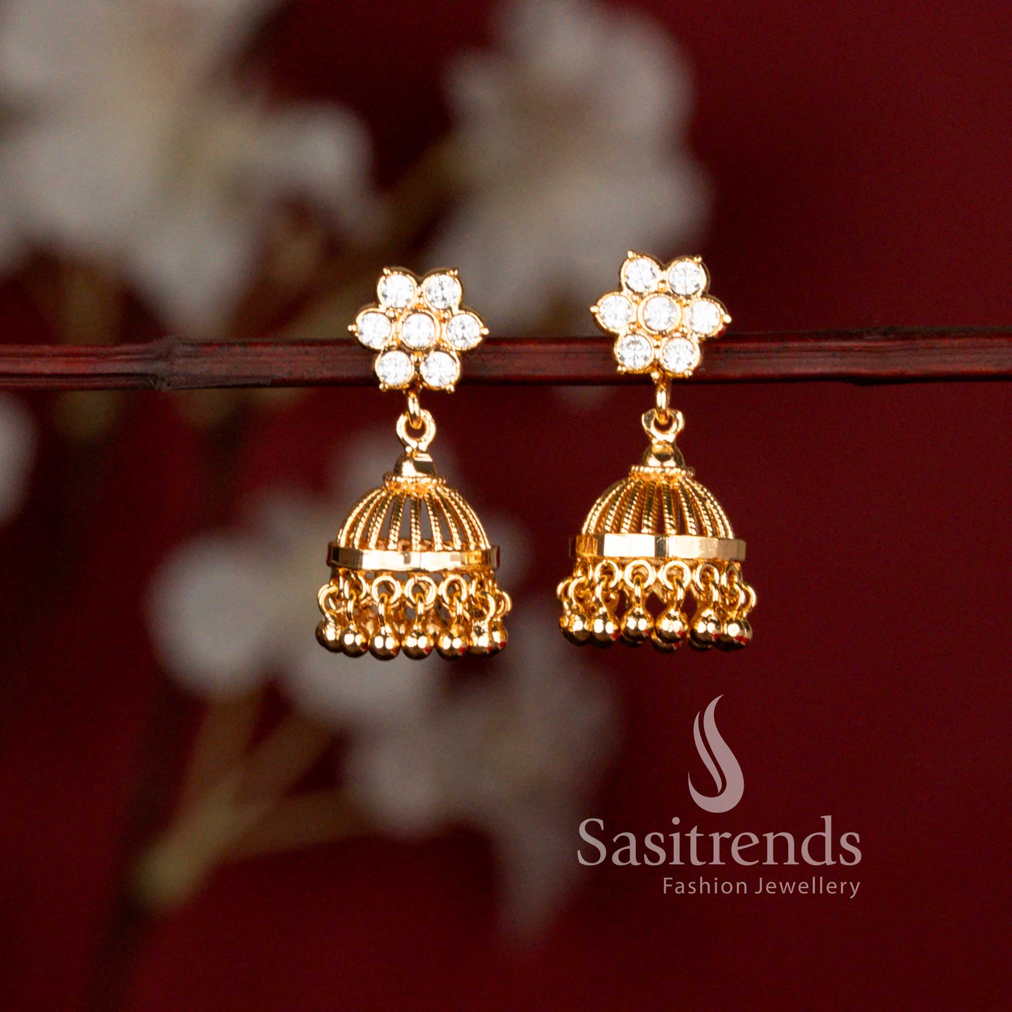 Guaranteed Impon Addigai Micro Gold Plated Floral Jhumka Earrings with AD Stones for Women - Sasitrends