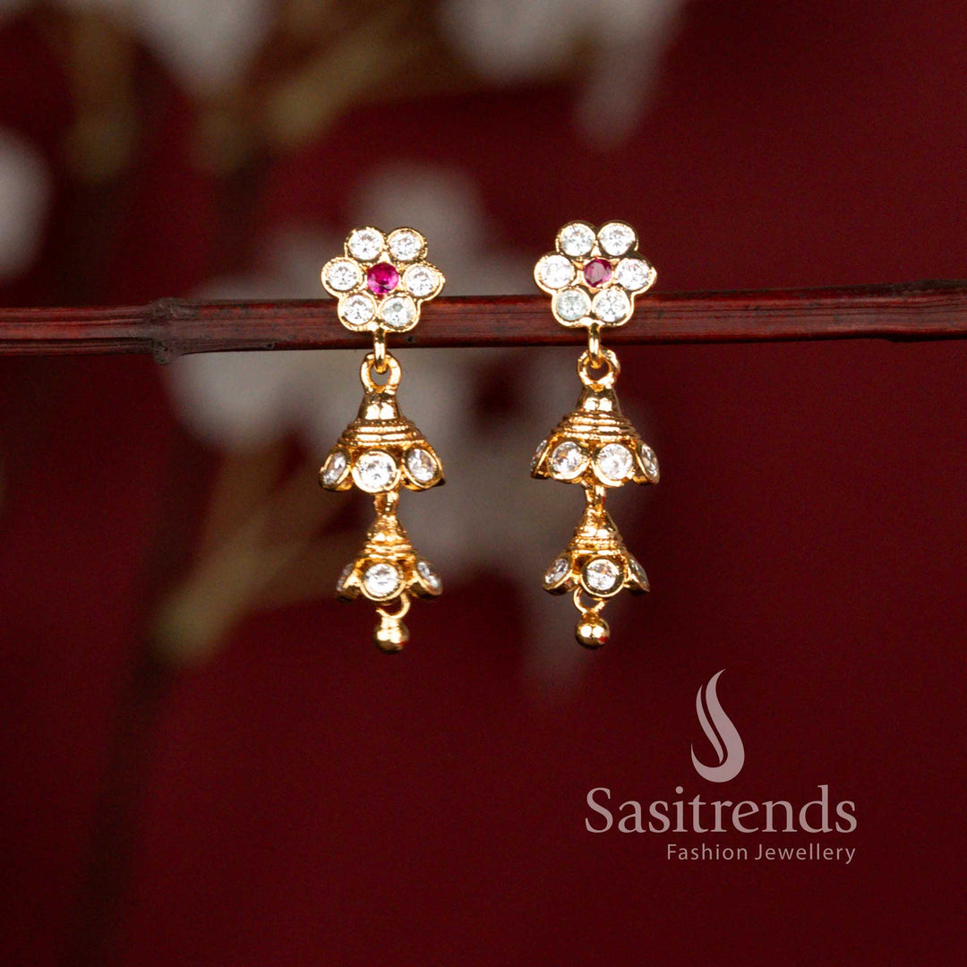 Guaranteed Impon Addigai Micro Gold Plated Floral Twin Jhumka Earrings with AD Stones for Women - Sasitrends