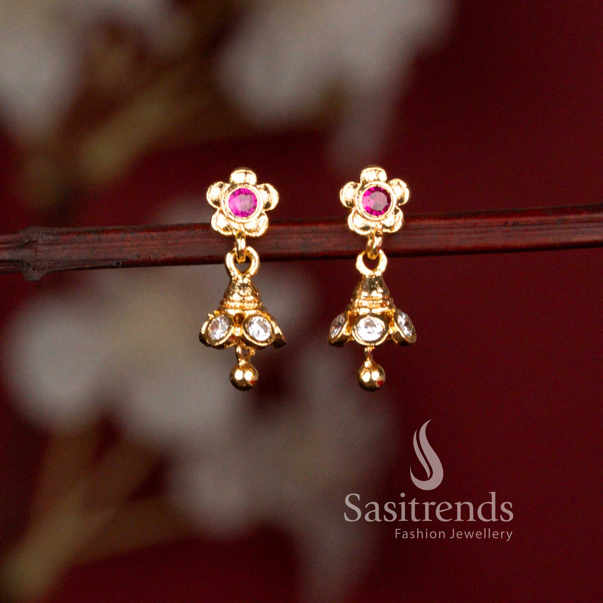 Guaranteed One Gram Micro Gold Plated Floral Stone Drop Earrings with Traditional Gold Look for Women - Sasitrends