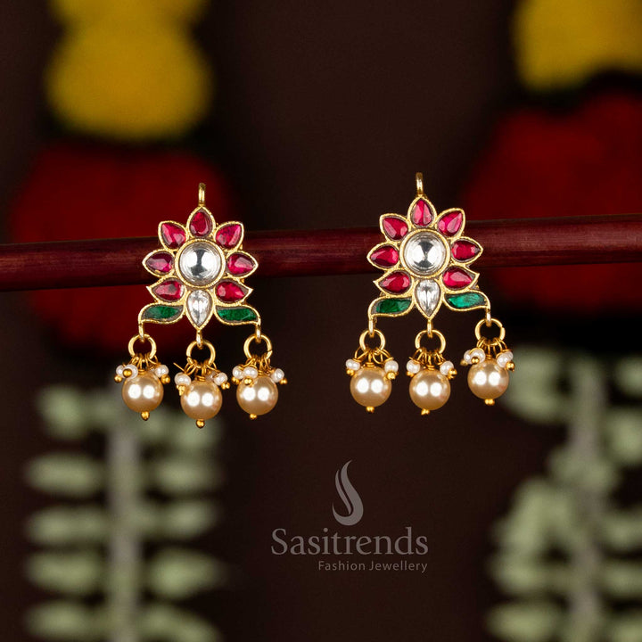 24K Gold Plated Jadau Bugadi Seven Petal Flower Design Kundan Stone Earrings with Hanging Pearls