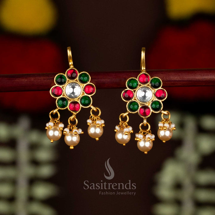 24K Gold Plated Jadau Bugadi Floral Kundan Stone Fish Hook Earrings with Hanging Pearls
