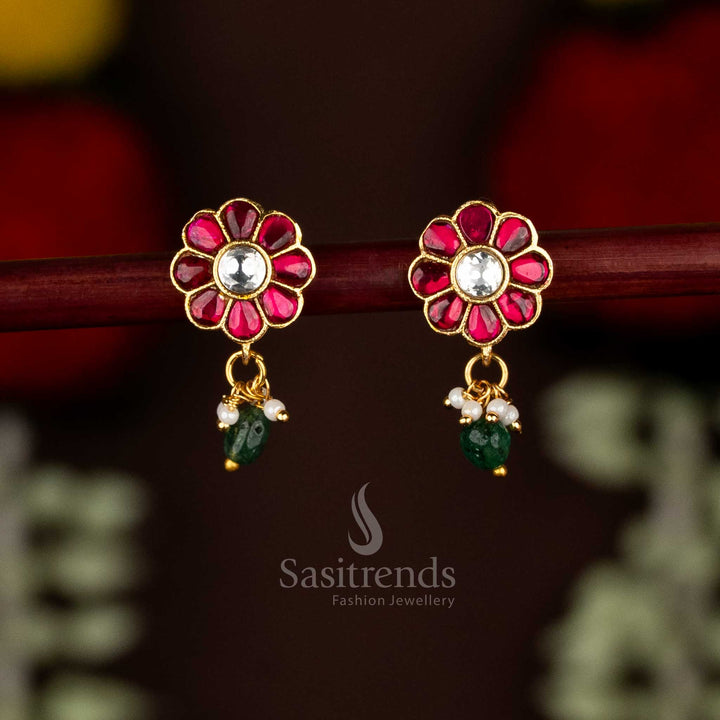 24K Gold Plated Jadau Bugadi Flower Design Kundan Stone Earrings - Sasitrends