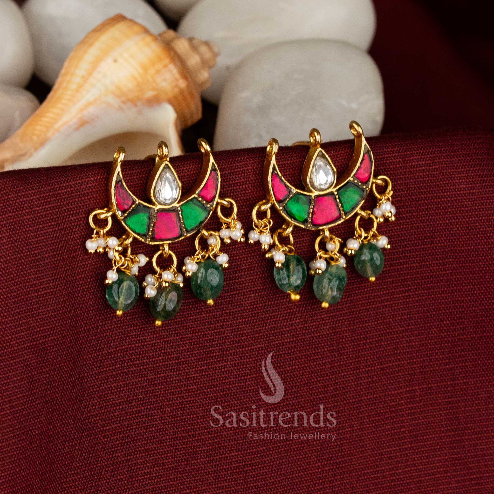 Traditional 24k jadau gold plated multi stone half moon teardrop stone kundan bugadi earrings - Sasitrends