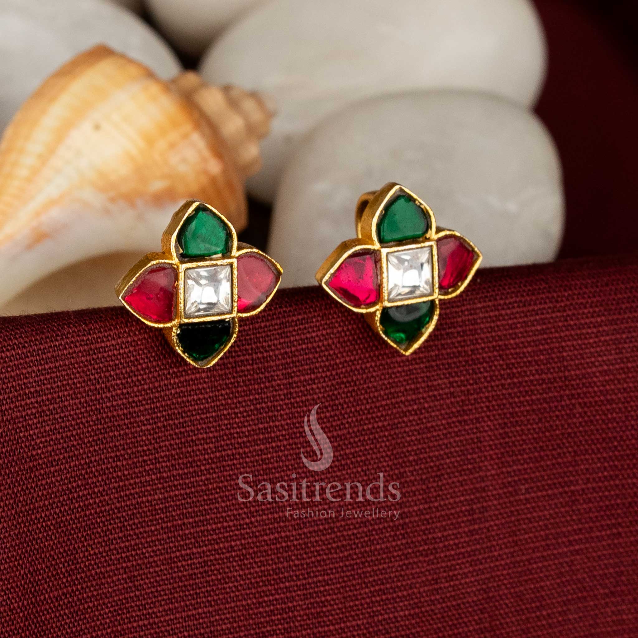 Temple wear 24k jadau gold plated multi stone square stone four petal  hanging pearls and beads kundan bugadi earrings - Sasitrends