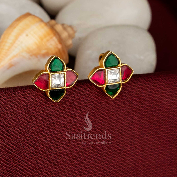 Temple wear 24k jadau gold plated multi stone square stone four petal  hanging pearls and beads kundan bugadi earrings - Sasitrends