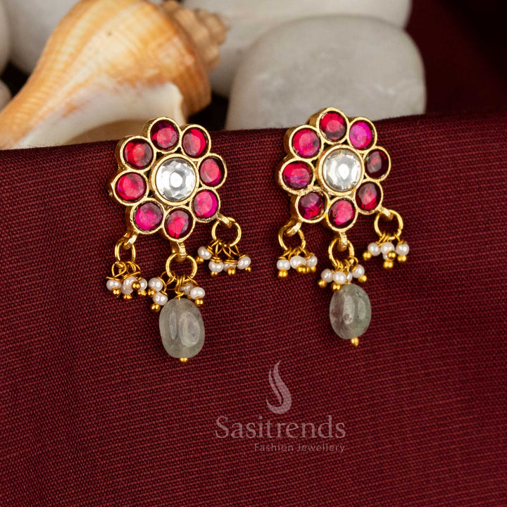 Festive temple wear 24k jadau gold plated multi stone flower motif hanging pearls and beads kundan bugadi earrings - Sasitrends