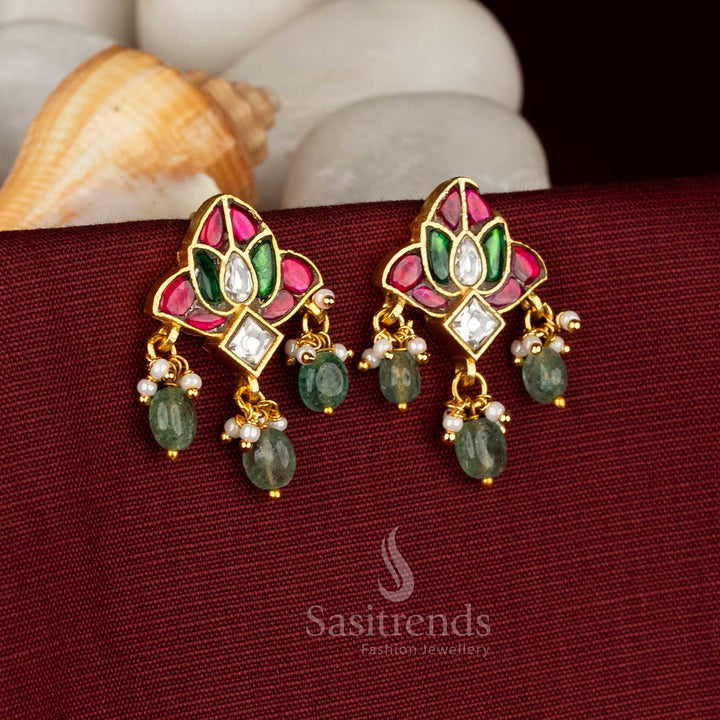 Traditional 24k jadau gold plated multi stone lotus motif kundan bugadi earrings, temple wear - Sasitrends