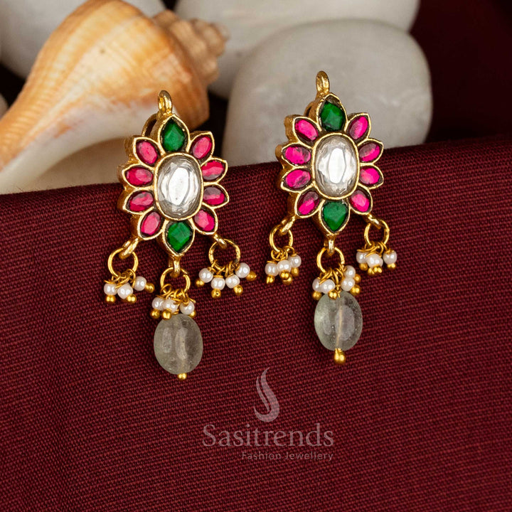 Traditional 24k jadau gold plated multi stone flower motif hanging pearls and beads kundan bugadi earrings - Sasitrends