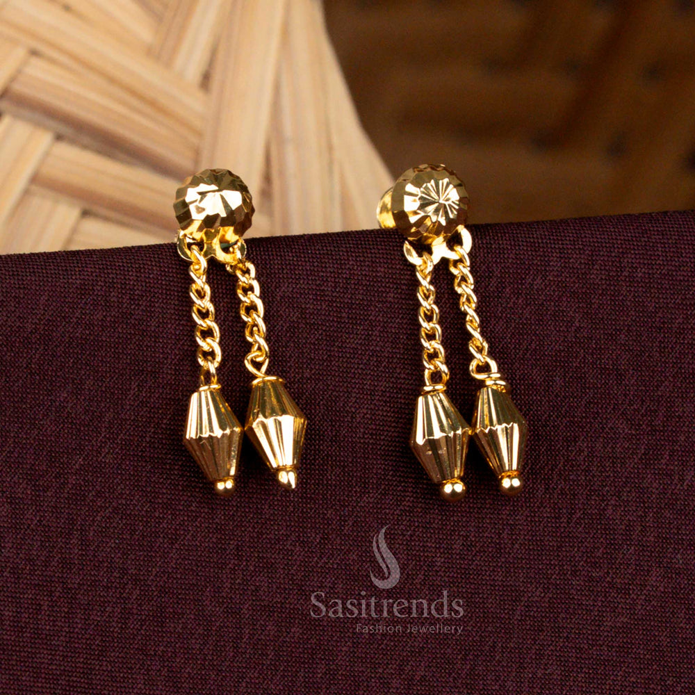 Micro Gold Plated Chain Drop Earrings with Double Bead Design that Look Like Real Gold