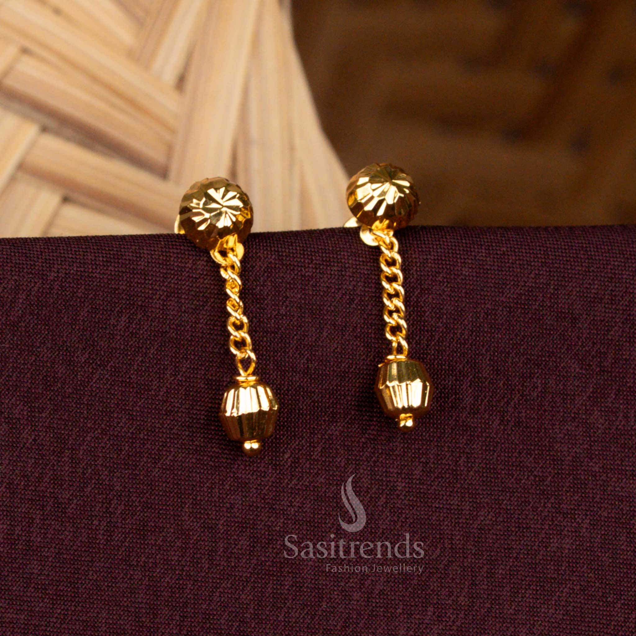 Micro Gold Plated Chain Drop Earrings with Single Bead Design by Sasitrends