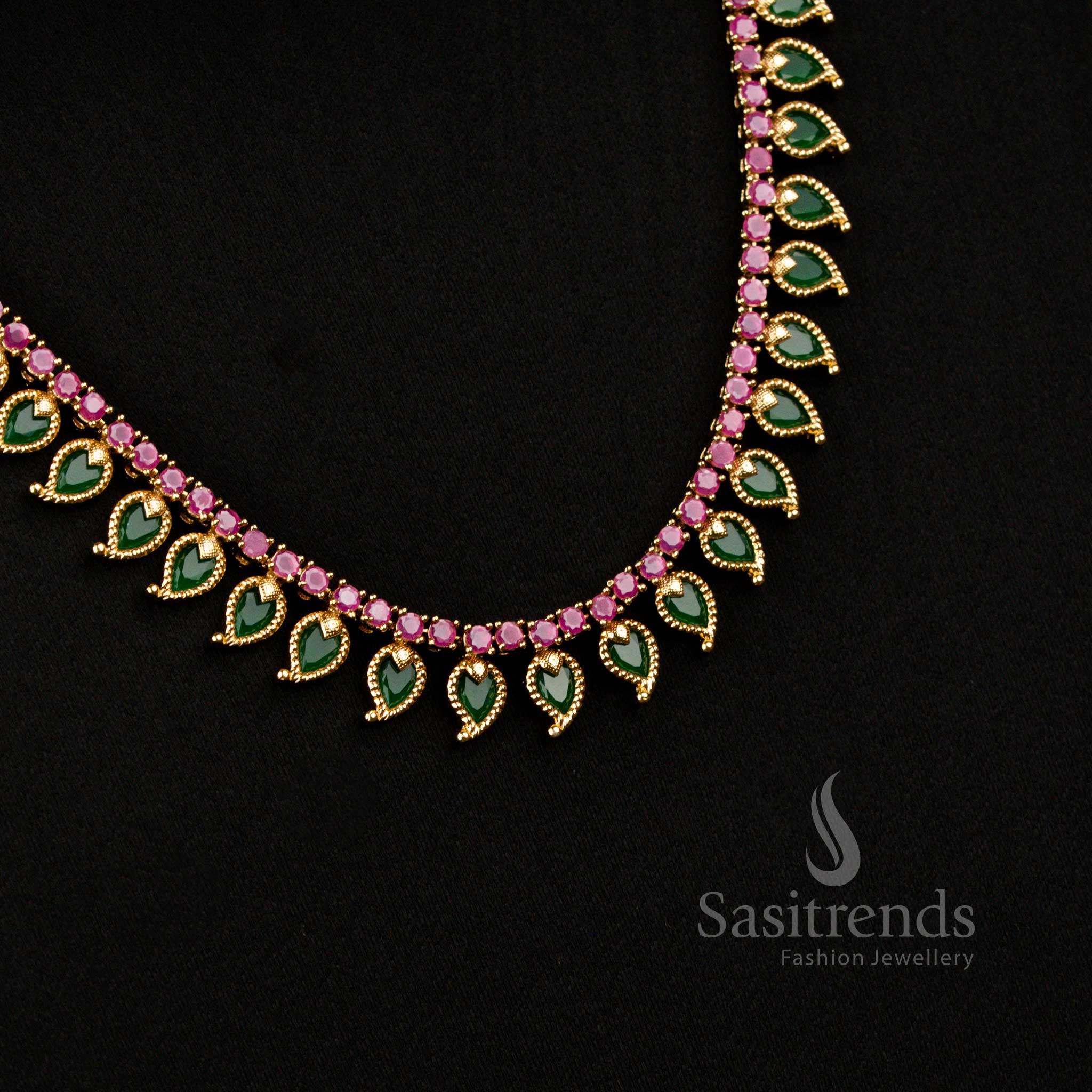 Kerala Matte Gold Plated Long Mango Palakka Ad Stone Necklace Set  - Sasitrends