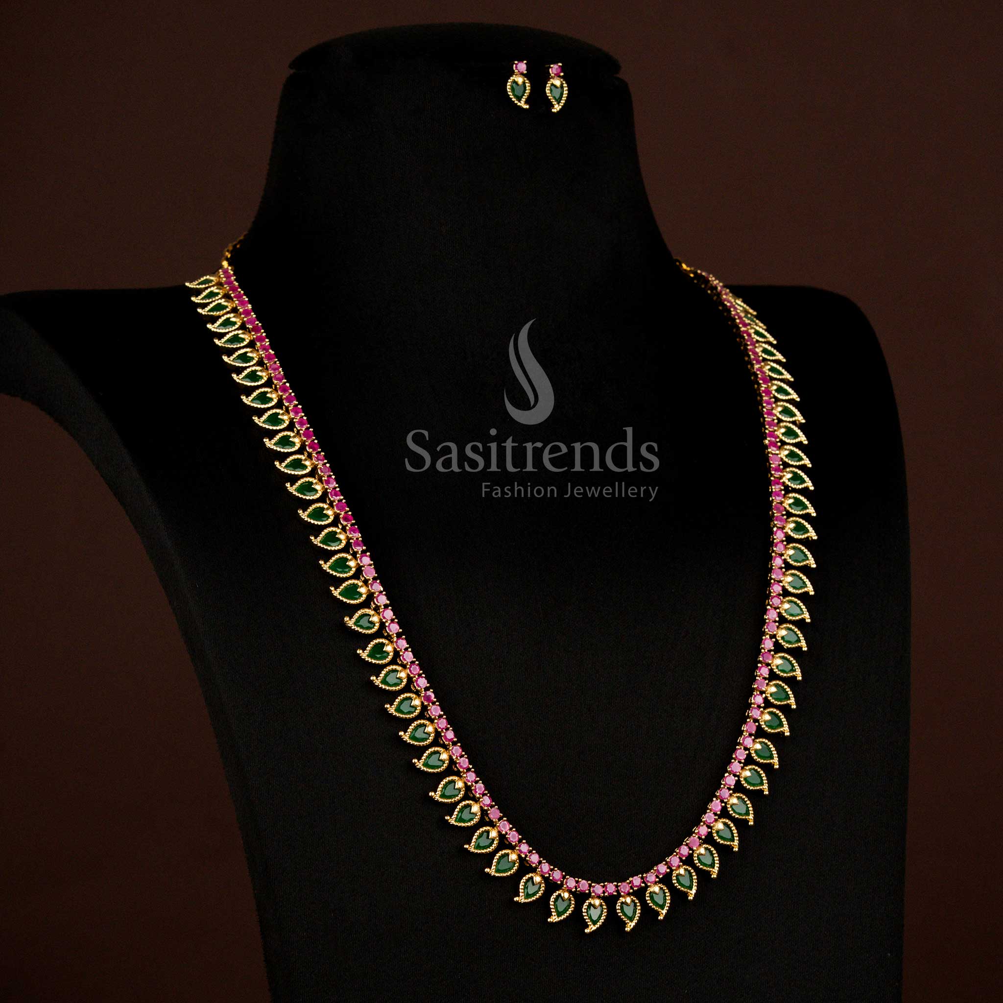 Traditional Matte Gold Plated Palakka Mango AD Stone Short & Long Necklace Set | Temple Wear