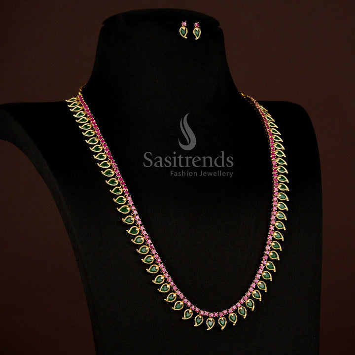 Traditional Matte Gold Plated Palakka Mango AD Stone Short & Long Necklace Set | Temple Wear