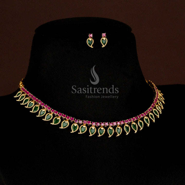 Kerala Matte Gold Plated Long Green Mango Palakka Ad Stone Necklace Set  - Sasitrends
