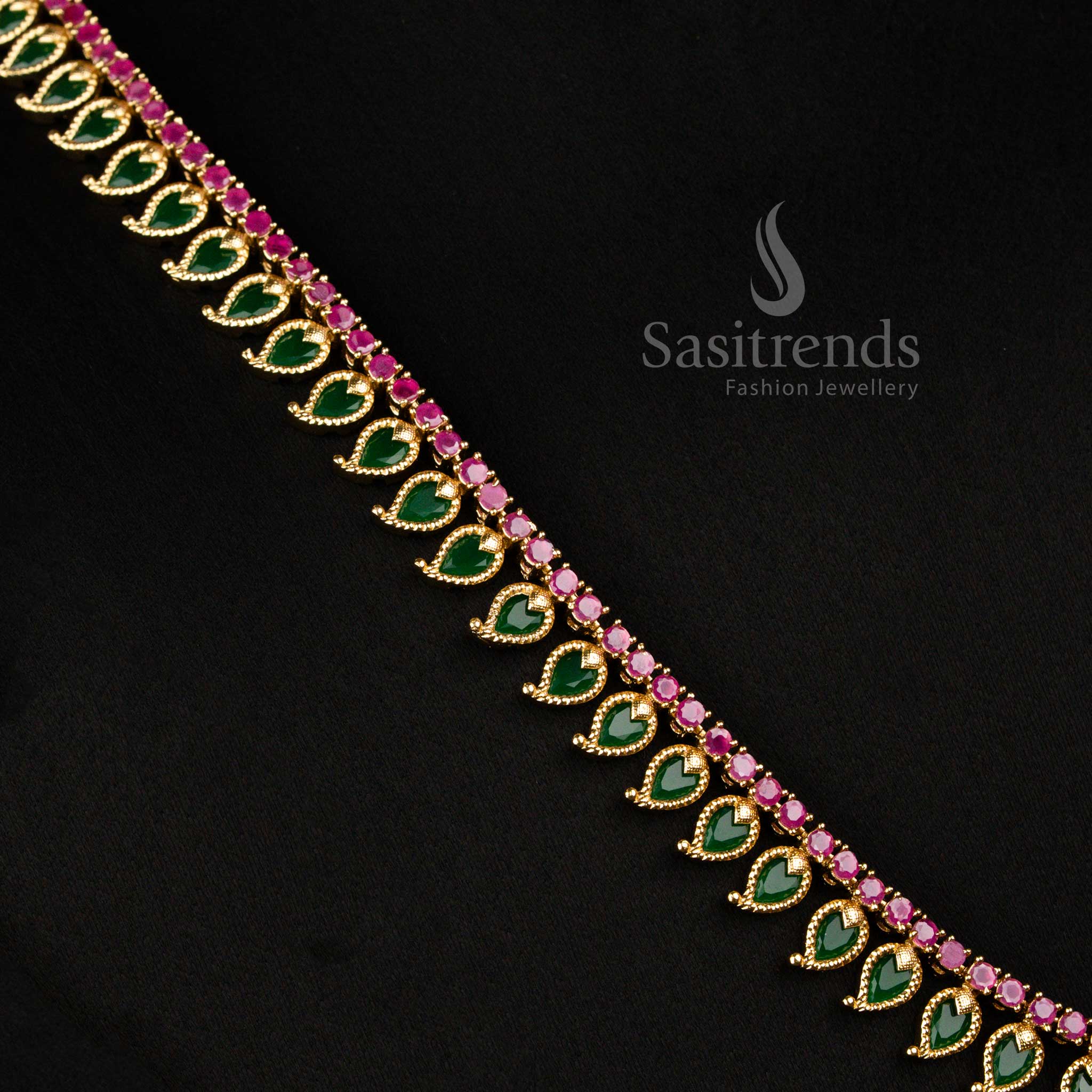 Kerala Traditional Wear Matte Gold Plated Long Mango Palakka Ad Stone Necklace Set  - Sasitrends