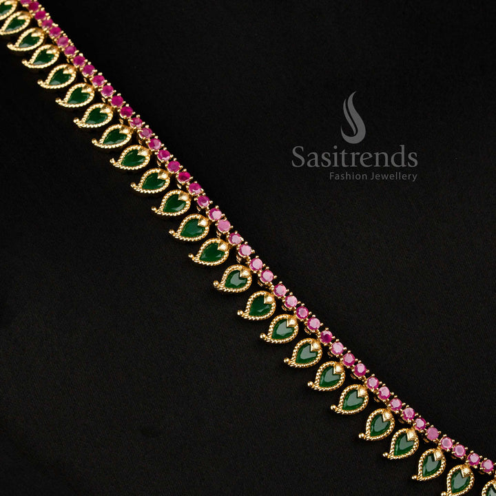 Kerala Traditional Wear Matte Gold Plated Long Mango Palakka Ad Stone Necklace Set  - Sasitrends