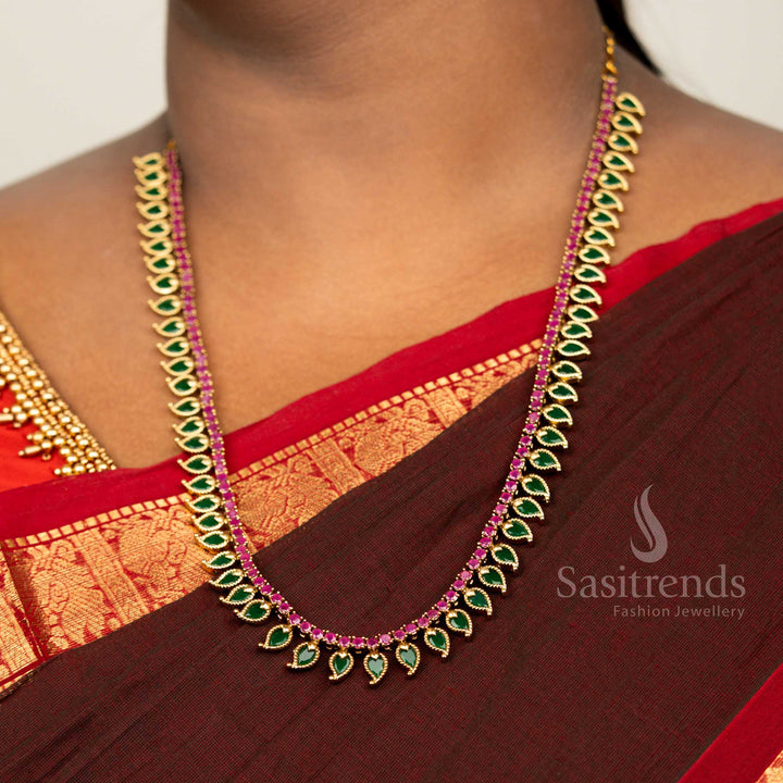 Traditional matte gold plated palakka long Mango Motif Necklace Set with Earrings - Sasitrends