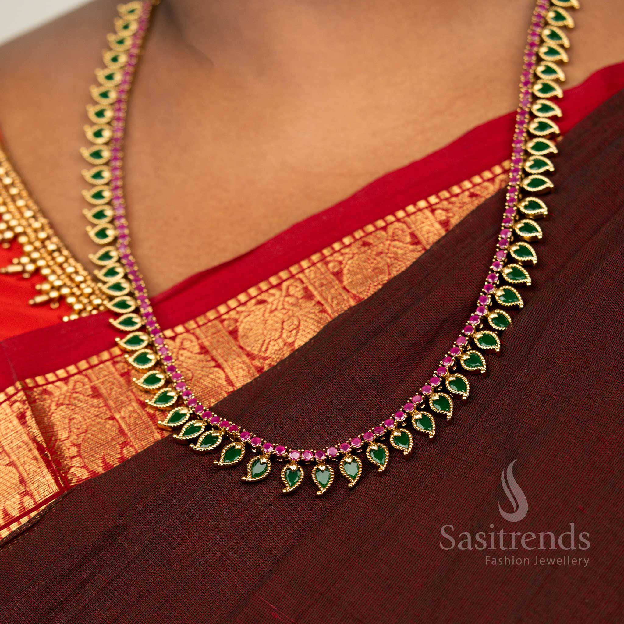 Temple Wear Matte Gold Plated AD Stone Palakka Necklace set for Saree Wear - Sasitrends