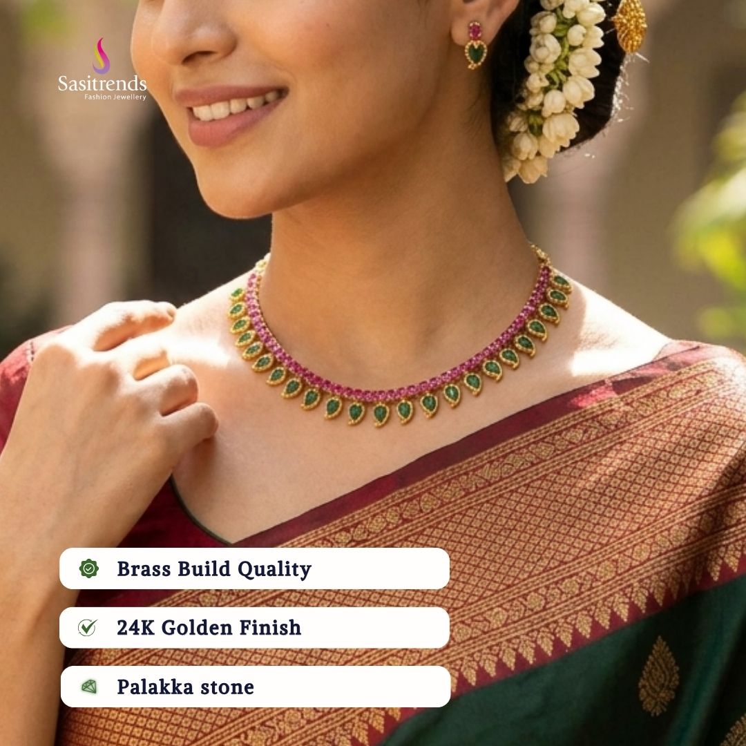 Guaranteed kerala style Micro gold plated AD stone palakka necklace set - Sasitrends