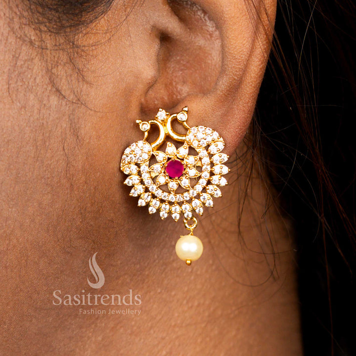Sparkling American Diamond Matte Gold Plated Peacock Changeable Stone Earrings