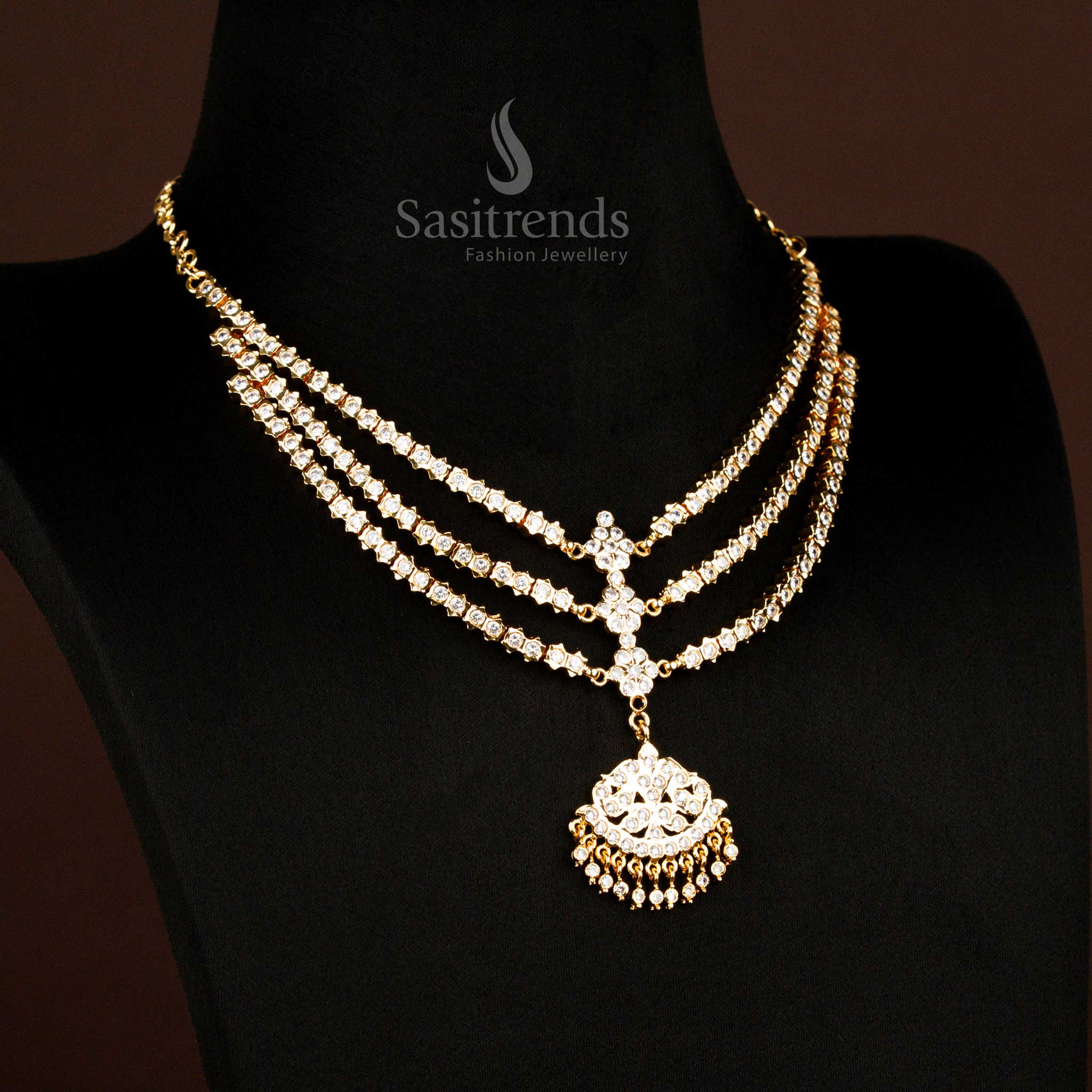 Traditional Impon Attigai micro gold plated White AD Stone Panchaloga bridal necklace triple layers - Sasitrends