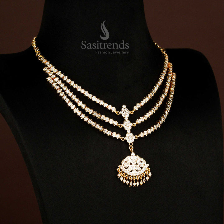 Guaranteed Impon Attigai 24K Micro Gold Plated Triple Layer AD Stone Panchaloga Necklace