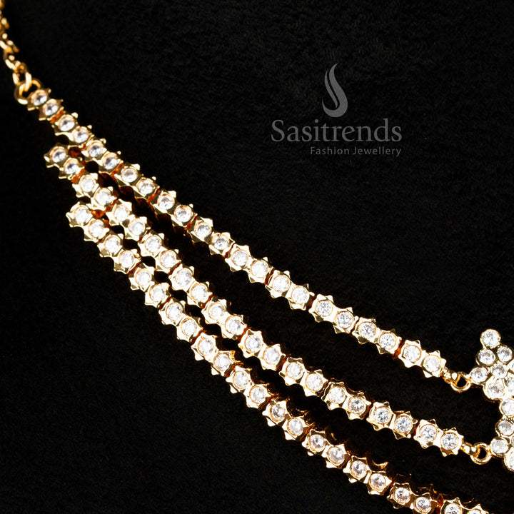 Guaranteed Impon Attigai micro gold plated White AD Stone Panchaloga bridal necklace triple layers - Sasitrends