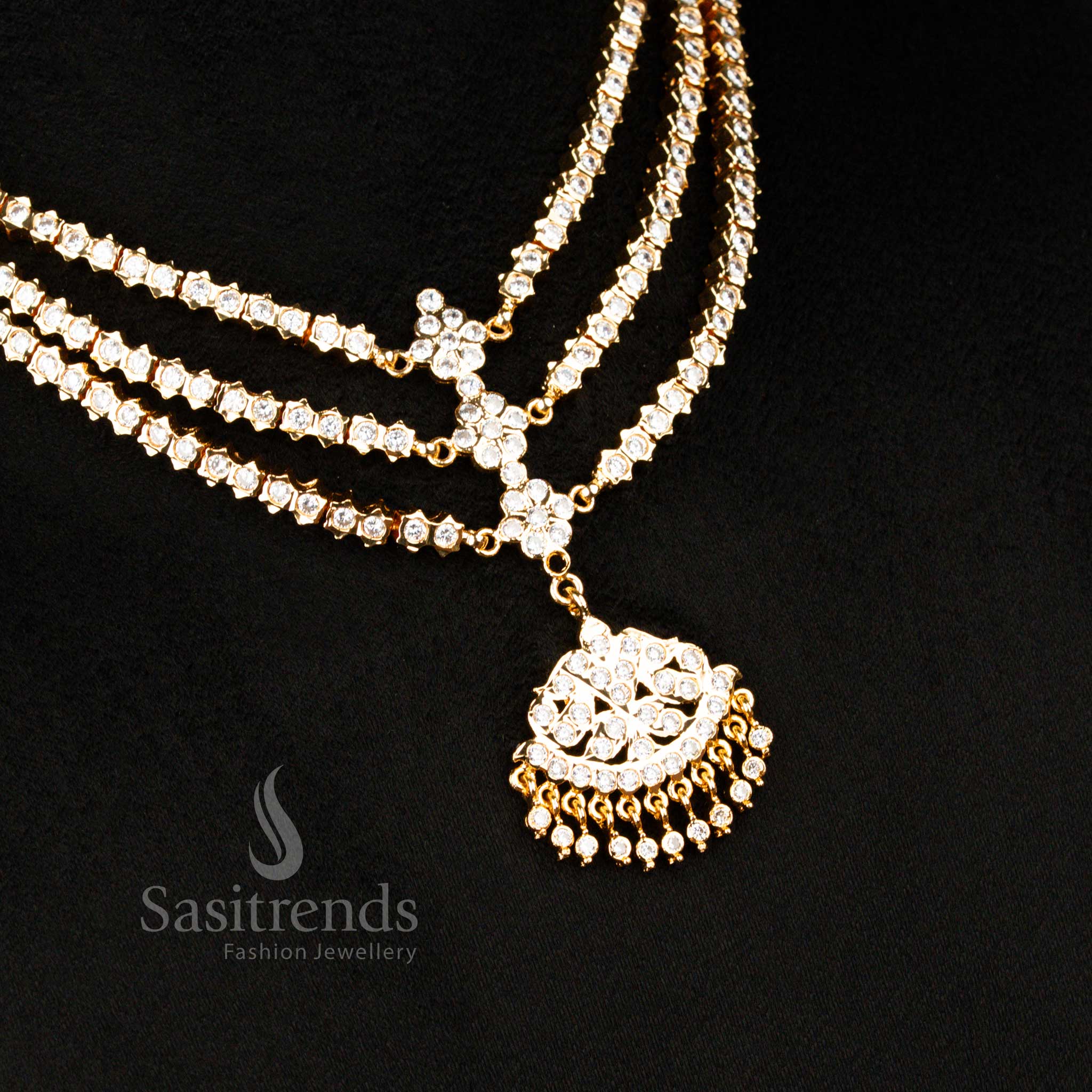 Traditional Impon Attigai micro gold plated White AD Stone Panchaloga bridal necklace triple layers , Real Gold Look - Sasitrends