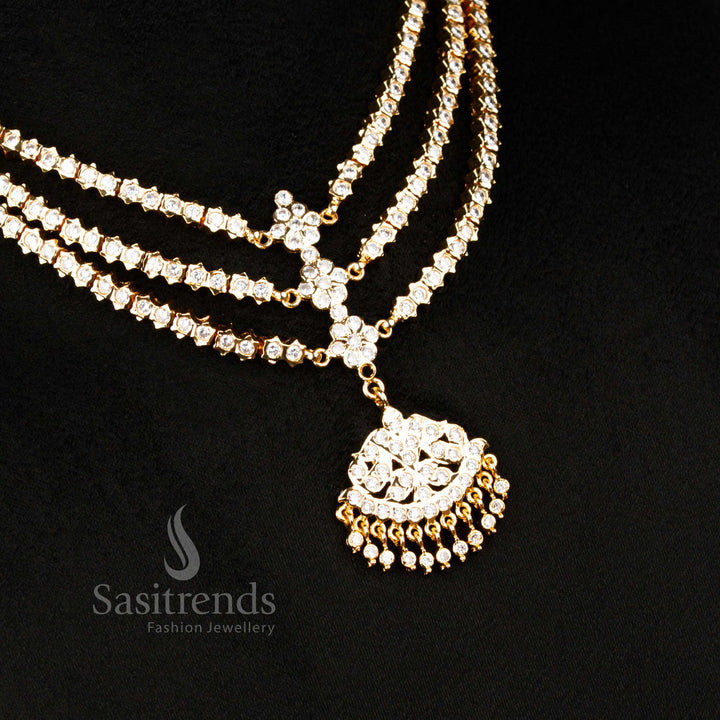 Traditional Impon Attigai micro gold plated White AD Stone Panchaloga bridal necklace triple layers , Real Gold Look - Sasitrends