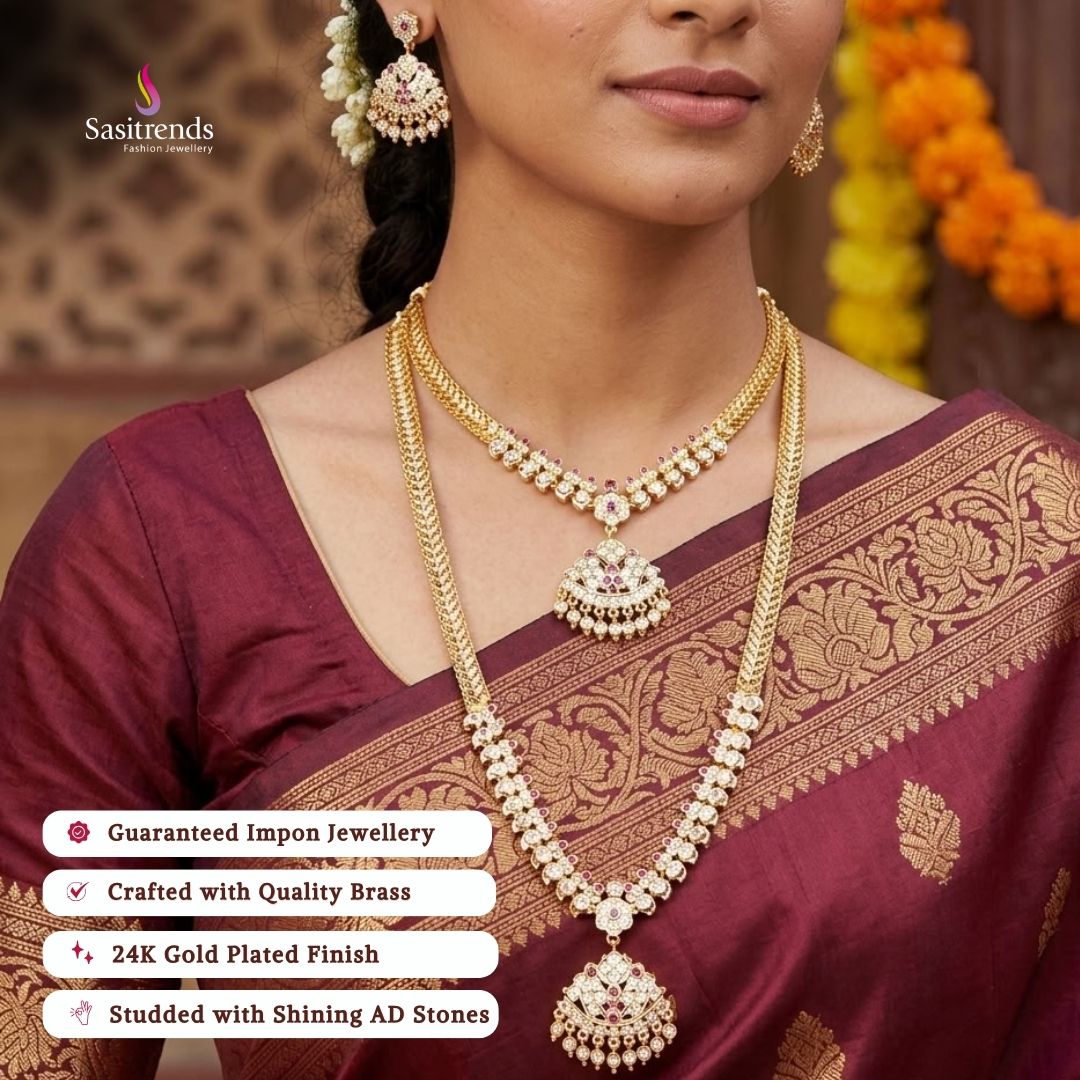Traditional wear impon micro gold plated AD stone necklace set - Sasitrends           