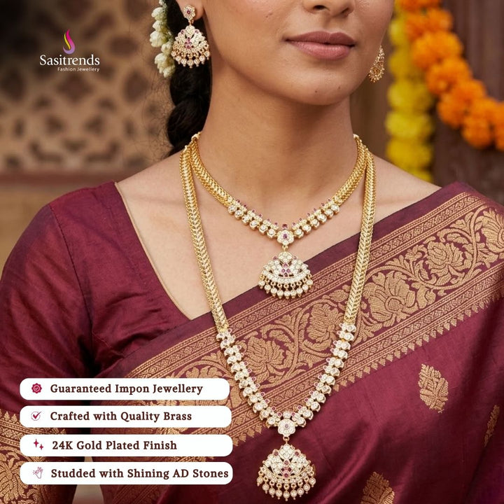 Traditional wear impon micro gold plated AD stone necklace set - Sasitrends           