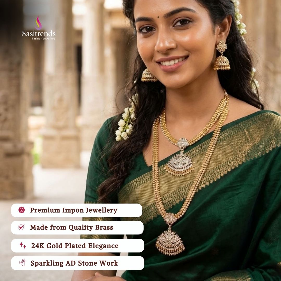 Traditional wear impon micro gold plated AD stone necklace set - Sasitrends           