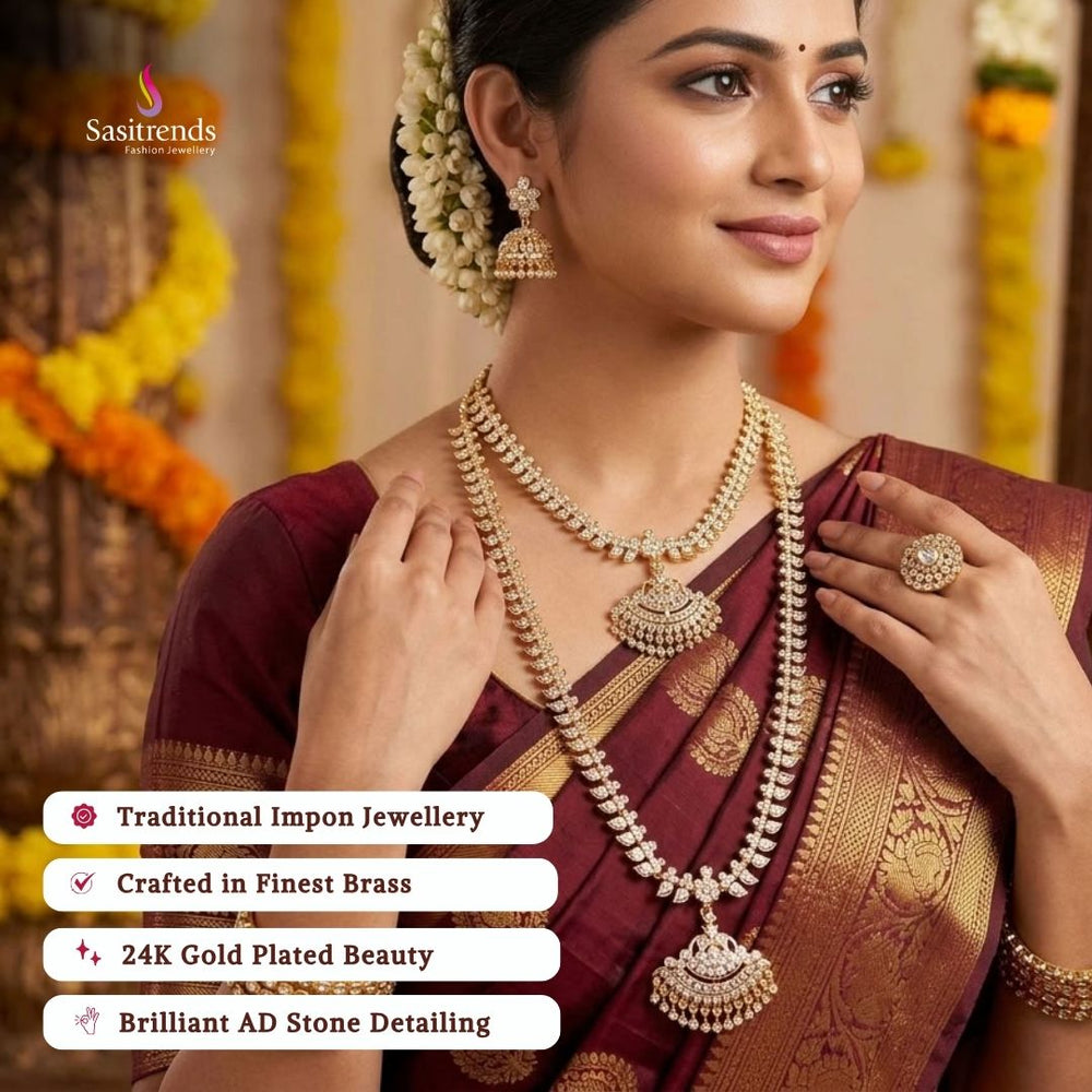 Traditional wear impon micro gold plated AD stone necklace set - Sasitrends           