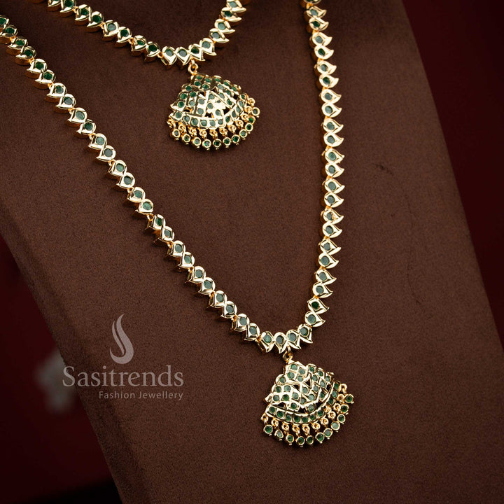 Sasitrends green Impon Micro Gold Plated Short Long Necklace Set designed in traditional temple mango pattern with rich antique 24k gold finish, premium 1 gram gold look jewellery perfect for bridal wear, weddings and grand festive occasions, guaranteed long lasting shine
